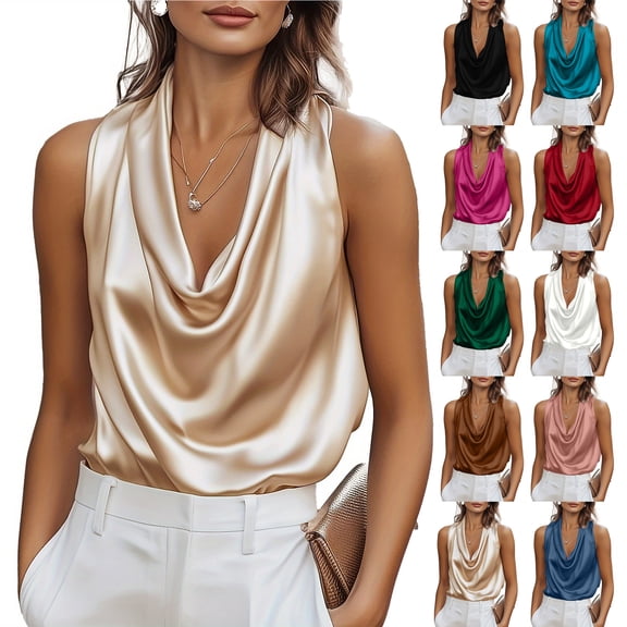 Women Cowl Neck Tank Tops Silk Satin Ruched Camisole Dressy Business Sleeveless Blouse Casual Loose Elegance Shirts