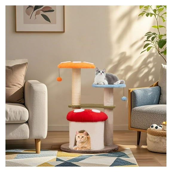Cat Tree 35 Inch Tall with Scratching Posts, Cat Tower Condo with Padded Platforms, Multi-Level Cat Climbing Furniture for Indoor Cats, Colorful Mushroom Design
