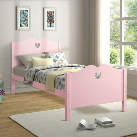 Platform Bed Frame, Twin Size Bed Frame, Wood Mattress Foundation Sleigh Bed Frame with Headboard/ Footboard for Adults Teens Children, Pink Twin Bed Frame with Wood Slat Support for Bed Room,