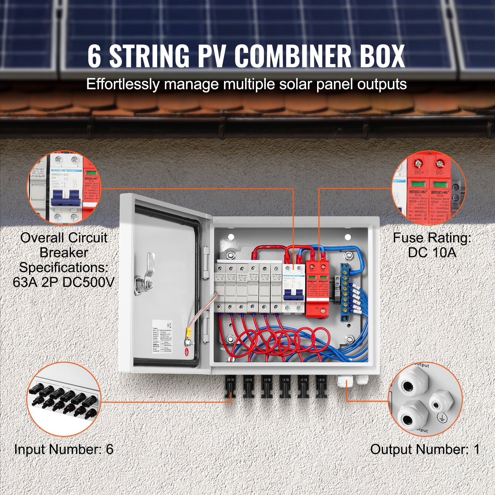 KFFKFF PV Aggregator Box, 6-String, Solar Aggregator Box with 10A Designated Current Fuse, 63A Circuit Interrupter, Lightning Protector and Solar Link, Metallic Housing