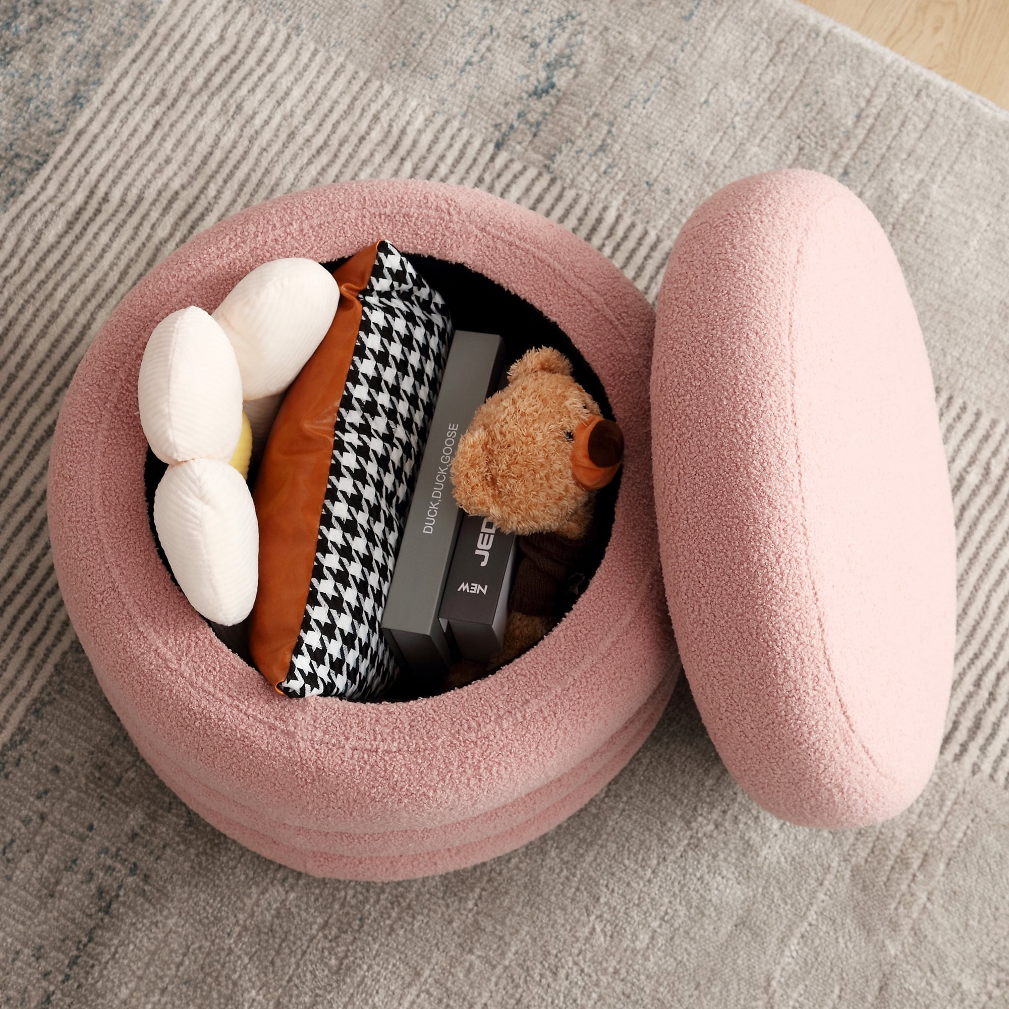 Zesthouse 20.1" Wide Round Boucle Storage Ottoman, Tufted Sherpa Ottoman Footstool for Living Room Bedroom, Pink