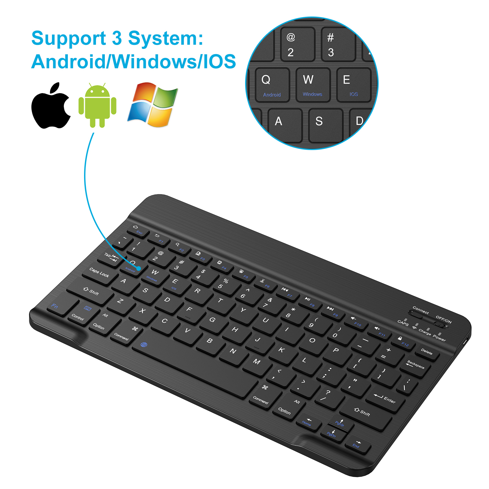 Cimetech Bluetooth Keyboard, Ultra-Slim Wireless Keyboard Quiet Portable Design with Built-in Rechargeable Battery for IOS, Mac, iPad, Windows and Android 3.0 and Above OS Black - image 5 of 8
