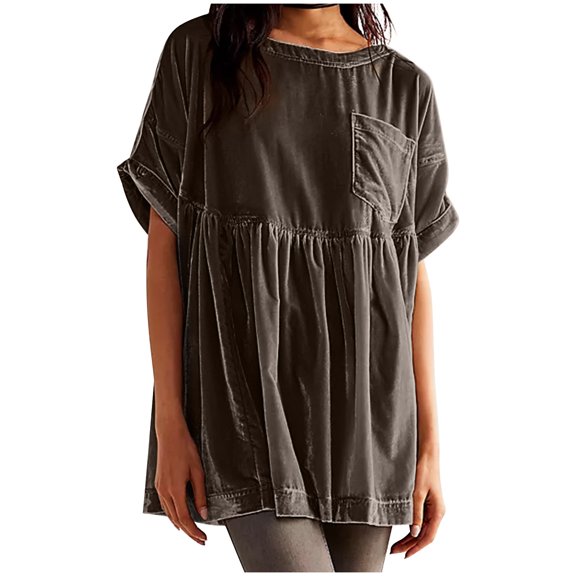 AXXD Womens Athletic Tops Basic Summer 2024 Casual Solid Color Gold Velvet Casual Pleated Pocket Short Sleeved Top