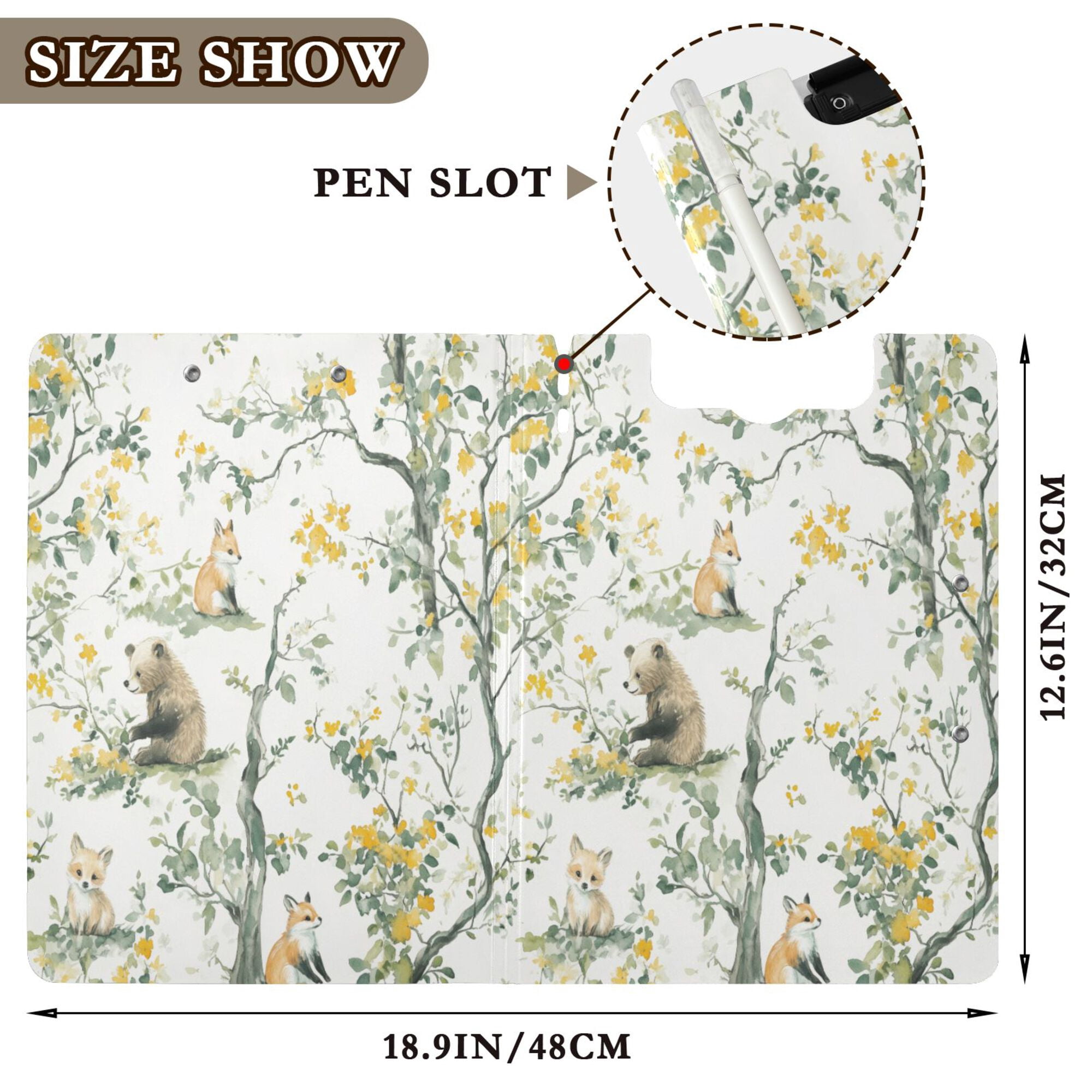 FORMRS A4 Clipboard Folder with Pen Holder Horizontal Foldable School Office Binder, Watercolor Forest Animals