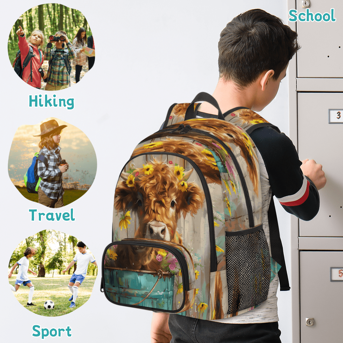 Herdesigns Highland Cow Wood Print Laptop Backpack for Women Men, 18.3 Inch Large Computer Backpacks Fashion Teacher Nurse Bag Casual Daypack for Work Travel