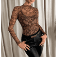 thumbnail image 2 of Chiclily Lace Top with Long Sleeves Stand Collar Floral Sexy Mesh See Through Shirts Blouse Ideal for Parties and Clubs S-2XL in Browm Boho Print, 2 of 6