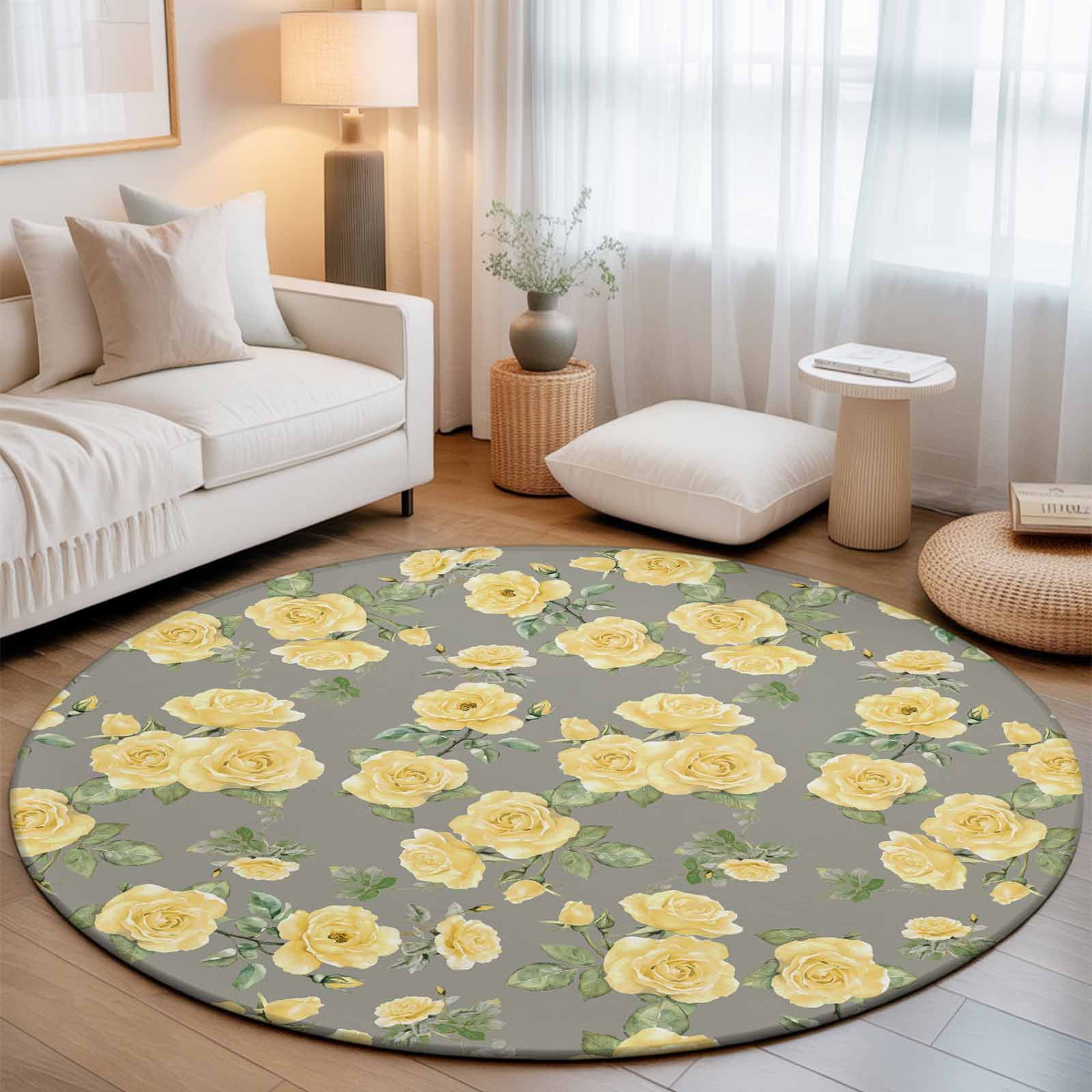 Watercolor Yellow Rose Flower Round Rug 5ft Abstract Pastoral Floral Washable Area Rugs for Living Room Bedroom Entryway Non Slip Entrance Door Mat Indoor Floor Carpet