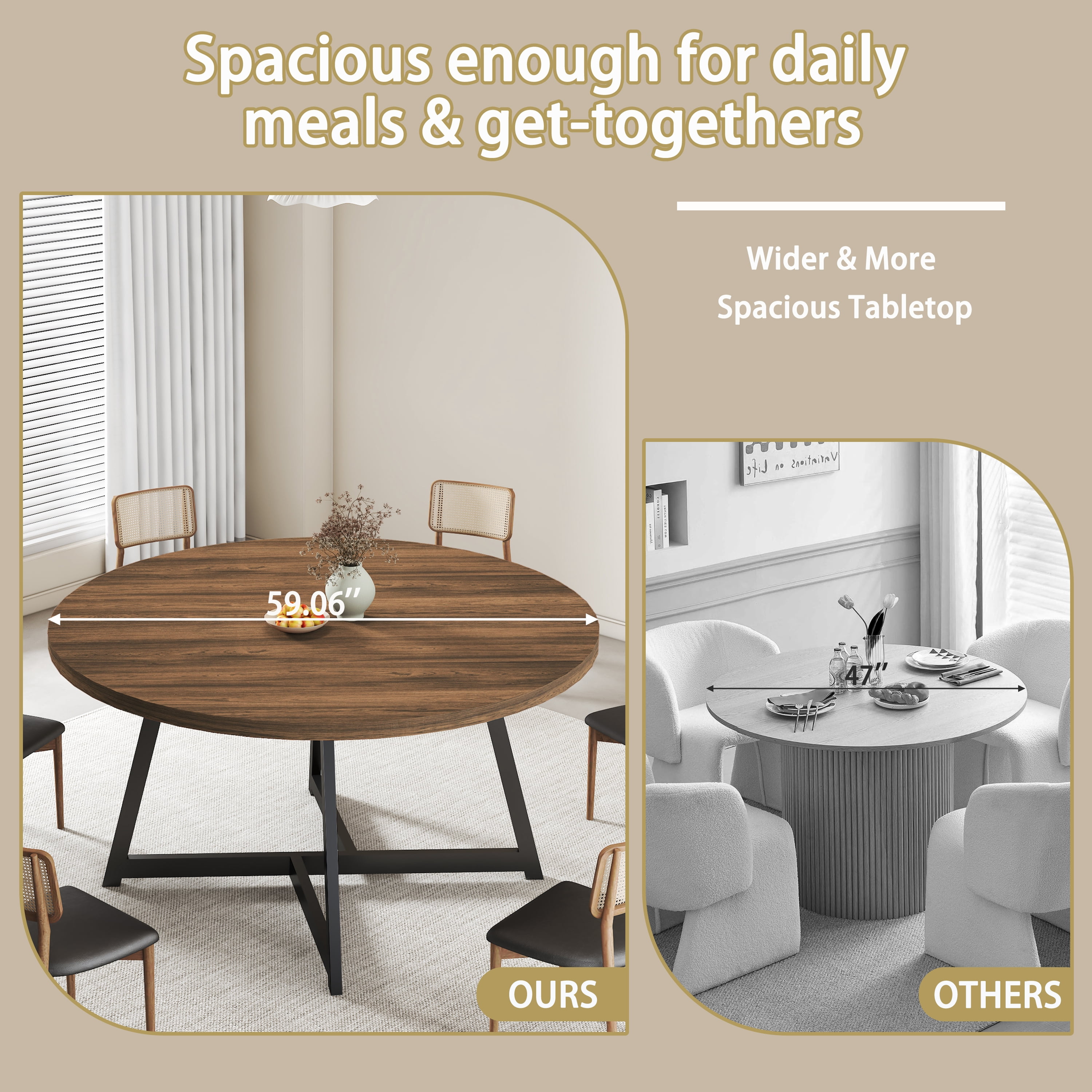 JassmiPkwy Round Dining Table for 4-8 People,Kitchen Dining Room Circle Dinner Pedestal Table,Space Saving Wood Kitchen & Dining Room Furniture (Brown, 59In)