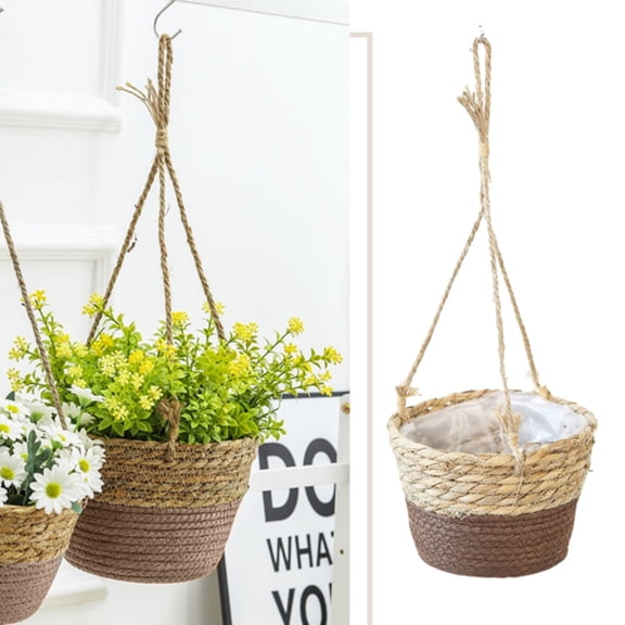 ERTZAE Handwoven Cattail Hanging Plant Basket – Natural Hanging Flower Pot,Handwoven Hanging Basket,Multi-Functional Storage Basket,Space-Saving Plant Pot,Leak-Proof Hanging Planter Brown 7.87"