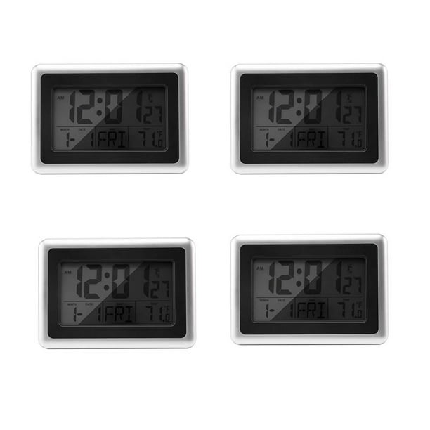 4X AtóMico Reloj de Pared Digital, Pantalla Lcd Grande, Operado Con Batería, Temperatura Interior, Calendario, Mesa de Pie, Posponer Sin Luz de Fondo (Plateado)