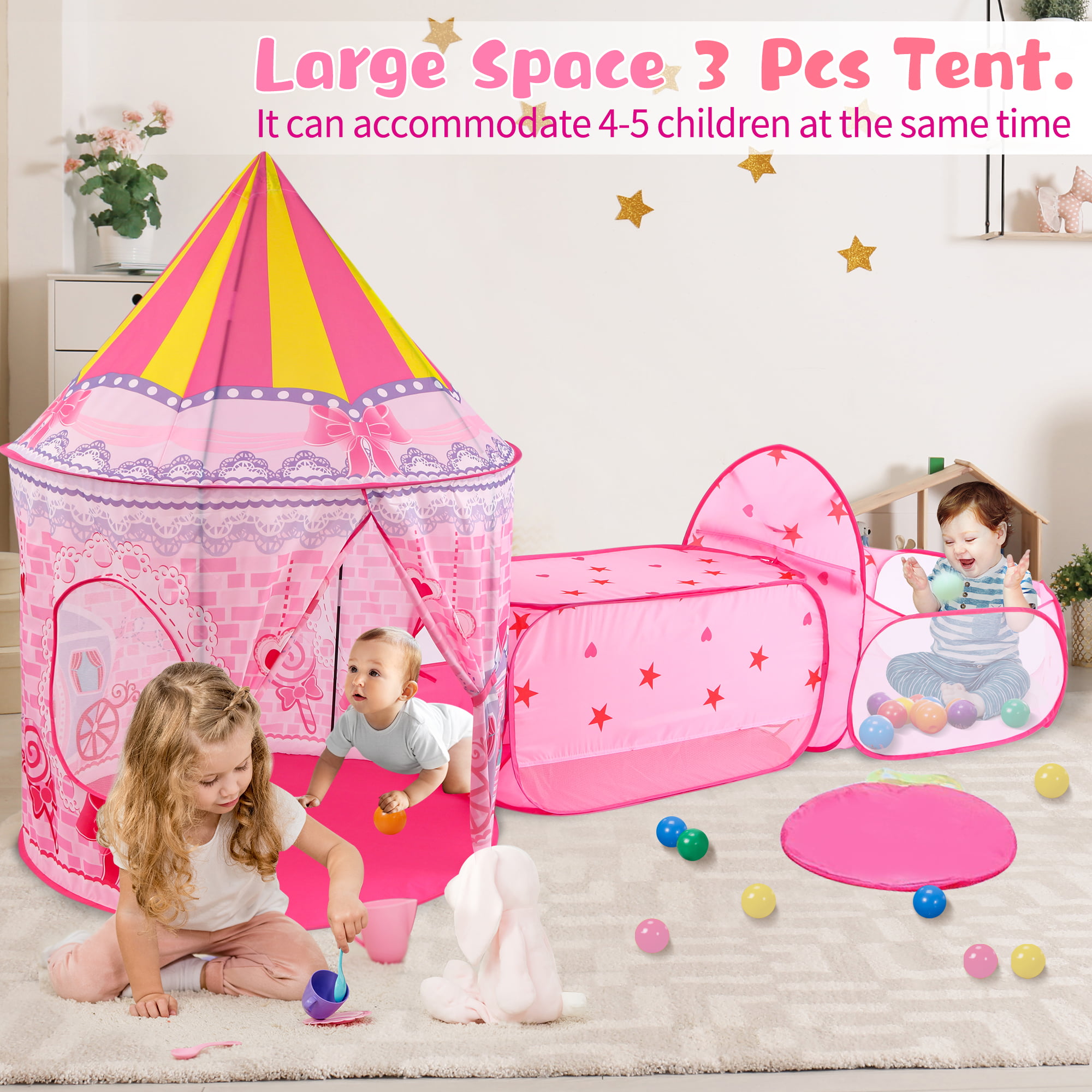 Fairy Tale Castle Play Tent Crawl Tunnel Ball Pit Fold able Indoor Outdoor Pink 