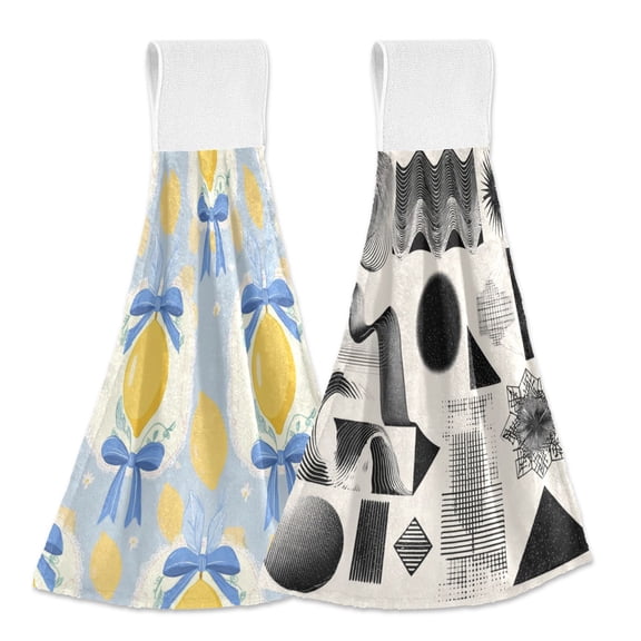 IAUYY Kitchen Hanging Towels Set of 2 100% Polyester Absorbent, Super Soft Hand Towels with Hanging Loops for Bathroom Kitchen Cute Lemon Clear Outline