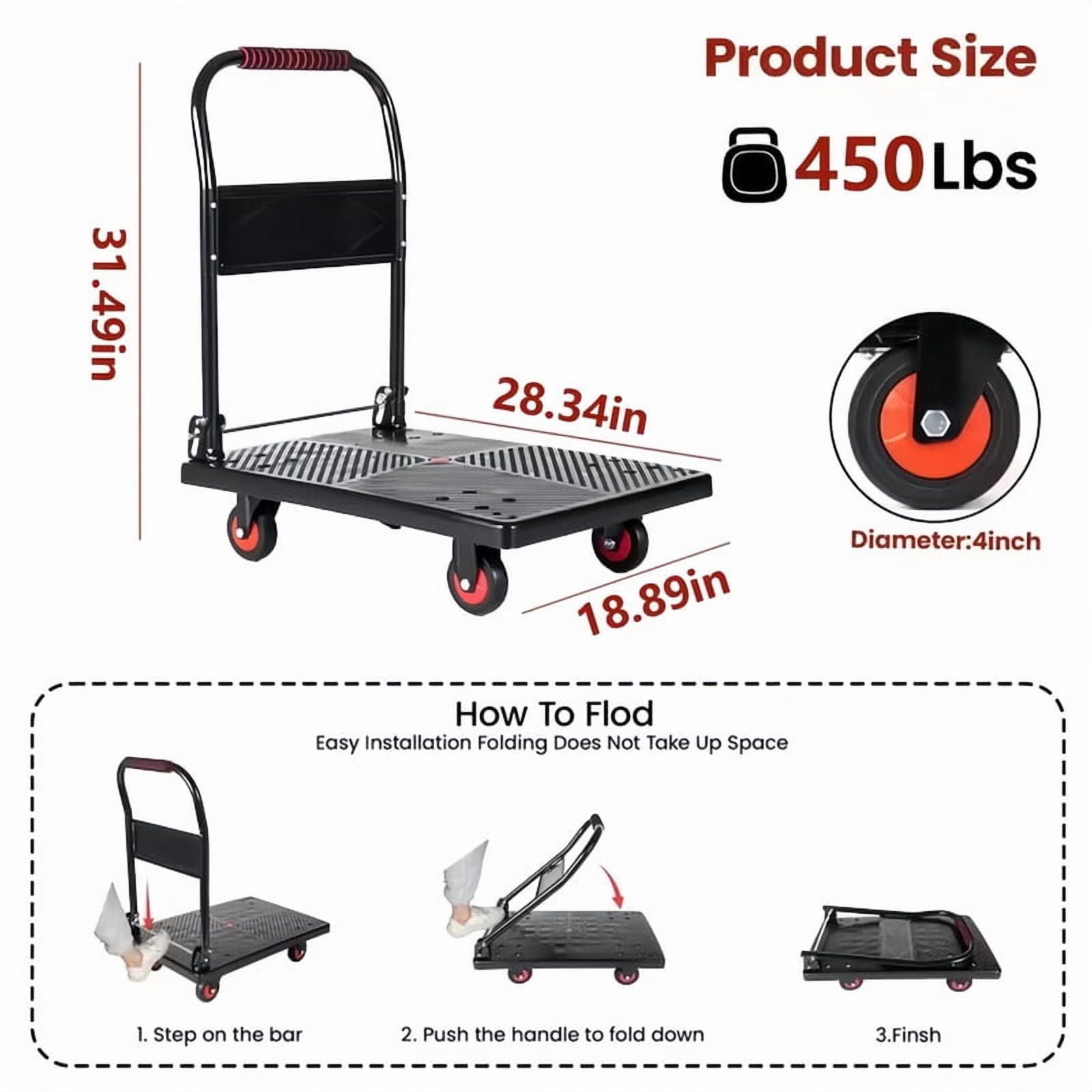 450lbs Capacity Folding Hand Truck, Heavy Duty Steel Utility Rolling Cart, Portable Moving Hand Dolly Cart