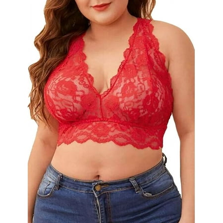 Skksst Plus Size Lingerie Womens Lace Halter Neck Bralette Bustier Underwear Bra Tops