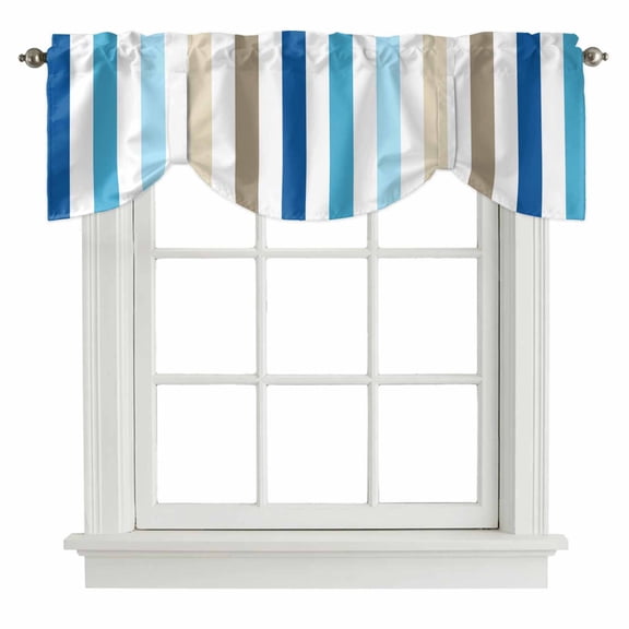 Tie Up Valances for Windows, Blue Brown Stripe Adjustable Valance Curtains Window Treatment for Living Room/Bedroom, Ombre Geometric Vertical Striped Rod Pocket Kitchen Curtains & Drapes 42x12 Inch