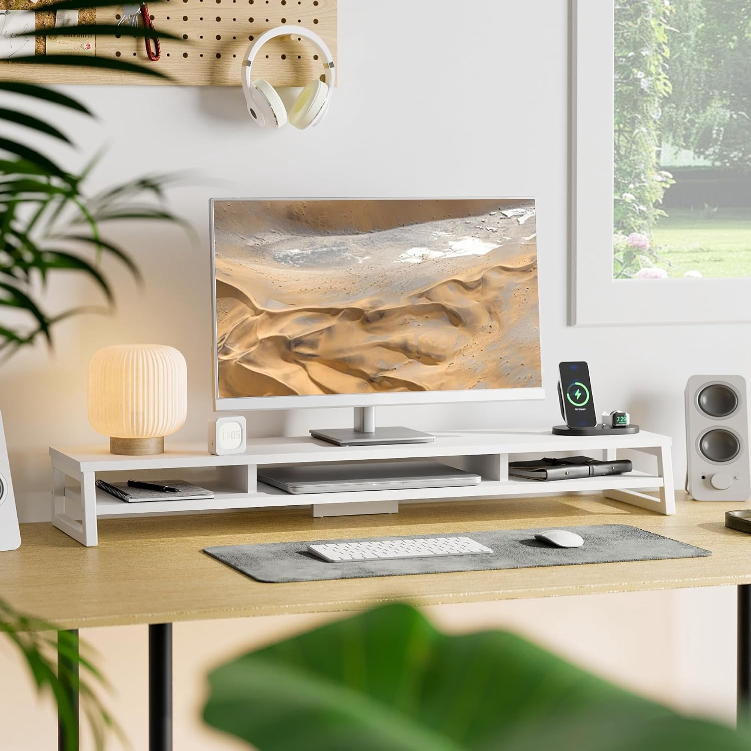 Dual Monitor Stand for Desk, 42.5in Large Monitor Riser for 2 Monitors, 2 Tier Computer Office Desk Top Shelf, Desktop Storage Stand for Laptop, PC, Computer, Printer