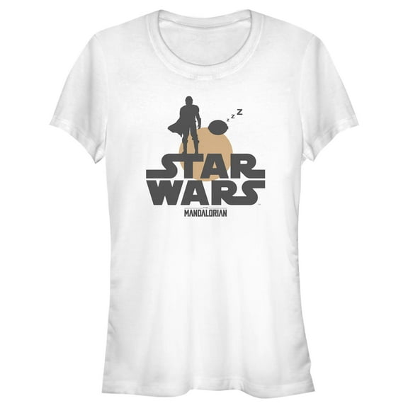 Junior's Star Wars: The Mandalorian The Child and Bounty Hunter Silhouette Sunset  Graphic Tee White Large