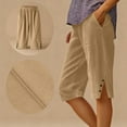 thumbnail image 2 of Women's Capri Pants Elastic Waist Straight Leg Side Slit Corduroy Shorts Loose Casual Trendy Pant With Pockets (L, Khaki), 2 of 7