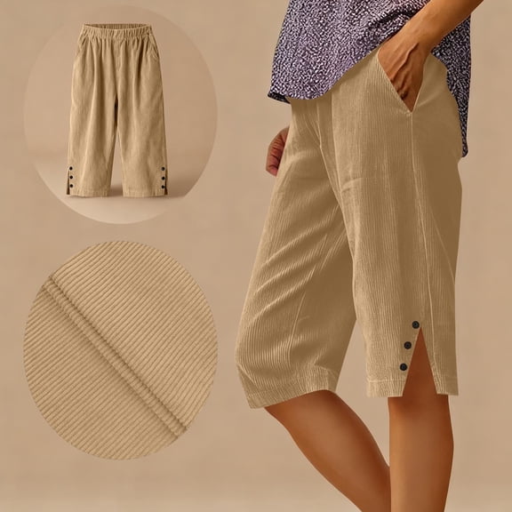 AUNVITO Women's Corduroy Shorts Relaxed Straight Leg with Pockets Side Slit Button Details Casual and Comfortable Summer Style
