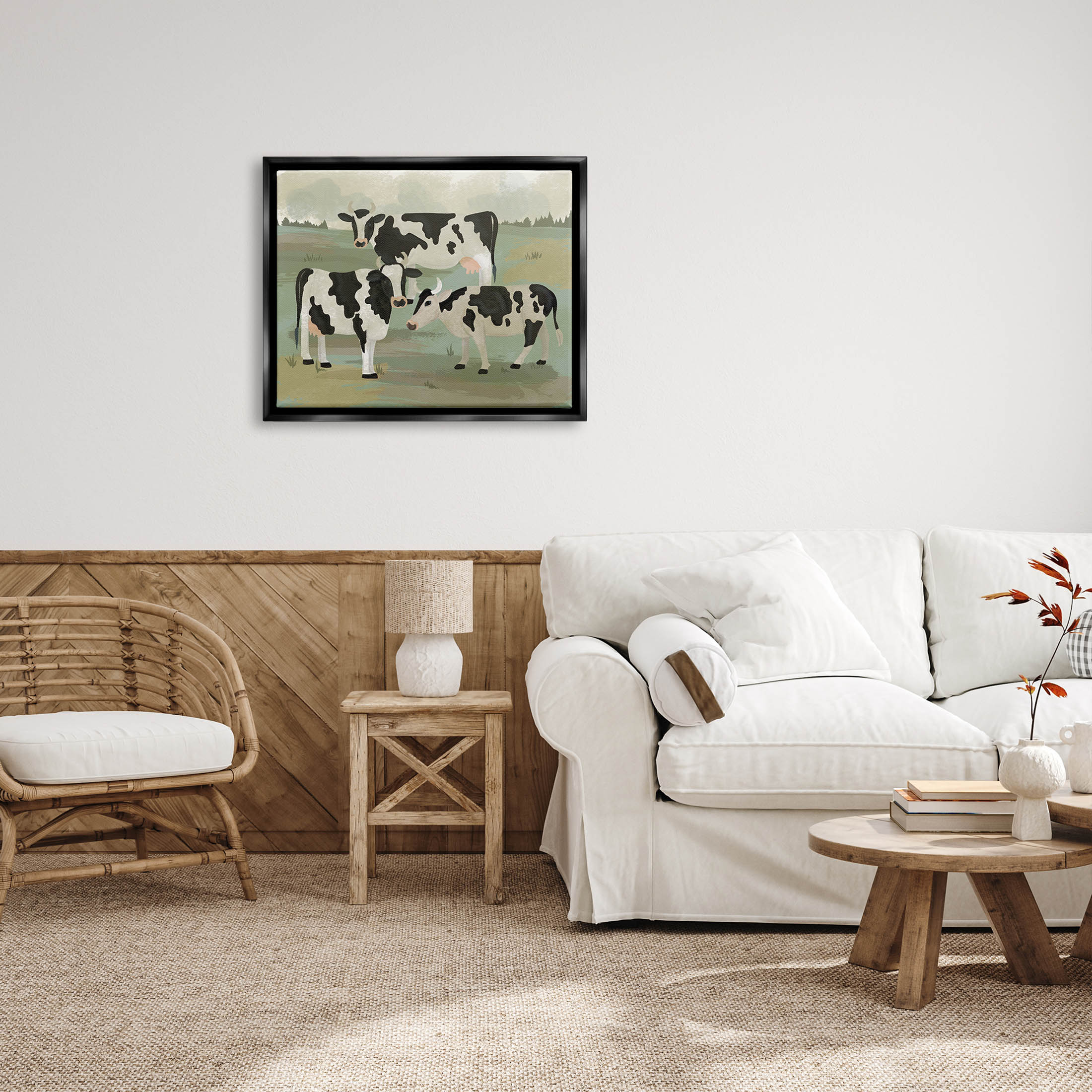 Rural Cows Grazing Trio Animals & Insects Graphic Art Jet Black Framed Art Print Wall Art