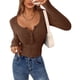 thumbnail image 1 of Camisa de Mujer PRETTYGARDEN Otoño 2025 Henley Acanalada Manga Larga XL Marrón, 1 of 8