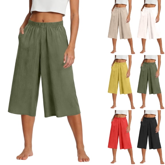 Lumtrix Women Wide Leg Linen Pants Flowy Palazzo Elastic Waist Capri Pants with Pockets Summer Beach Vacation Trousers Army Green M