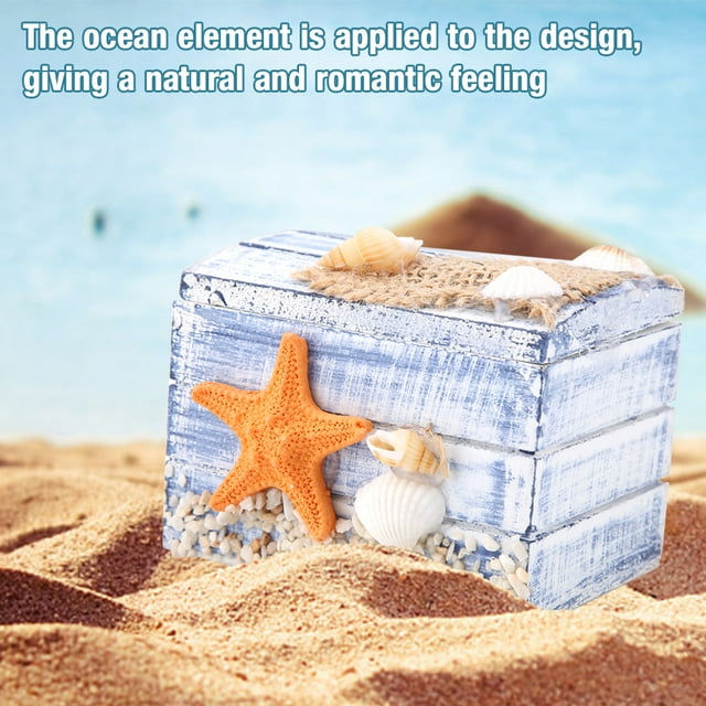 Wooden Jewelry Box Portable Small Storage Case With Starfish, Mediterranean Style Ocean Design, Beautiful Home Or Office Decoration