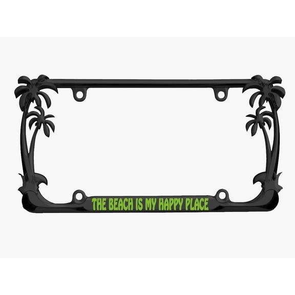 The Beach is My Happy Place Style Palm Tree Heavy Duty Metal License Plate Frame Personalise/Car Accessories Car Tag Holder Cover (Black/Lime Green)