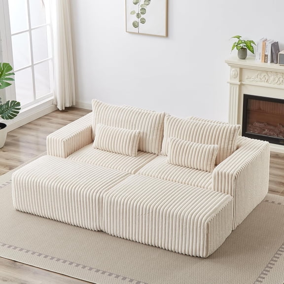 87" Oversized Double Chaise Lounge Chair, Plush Corduroy Sleeper Loveseat with 2 Ottomans, Fluffy Cloud Sofa for Living Room & Bedroom, No Assembly,Beige