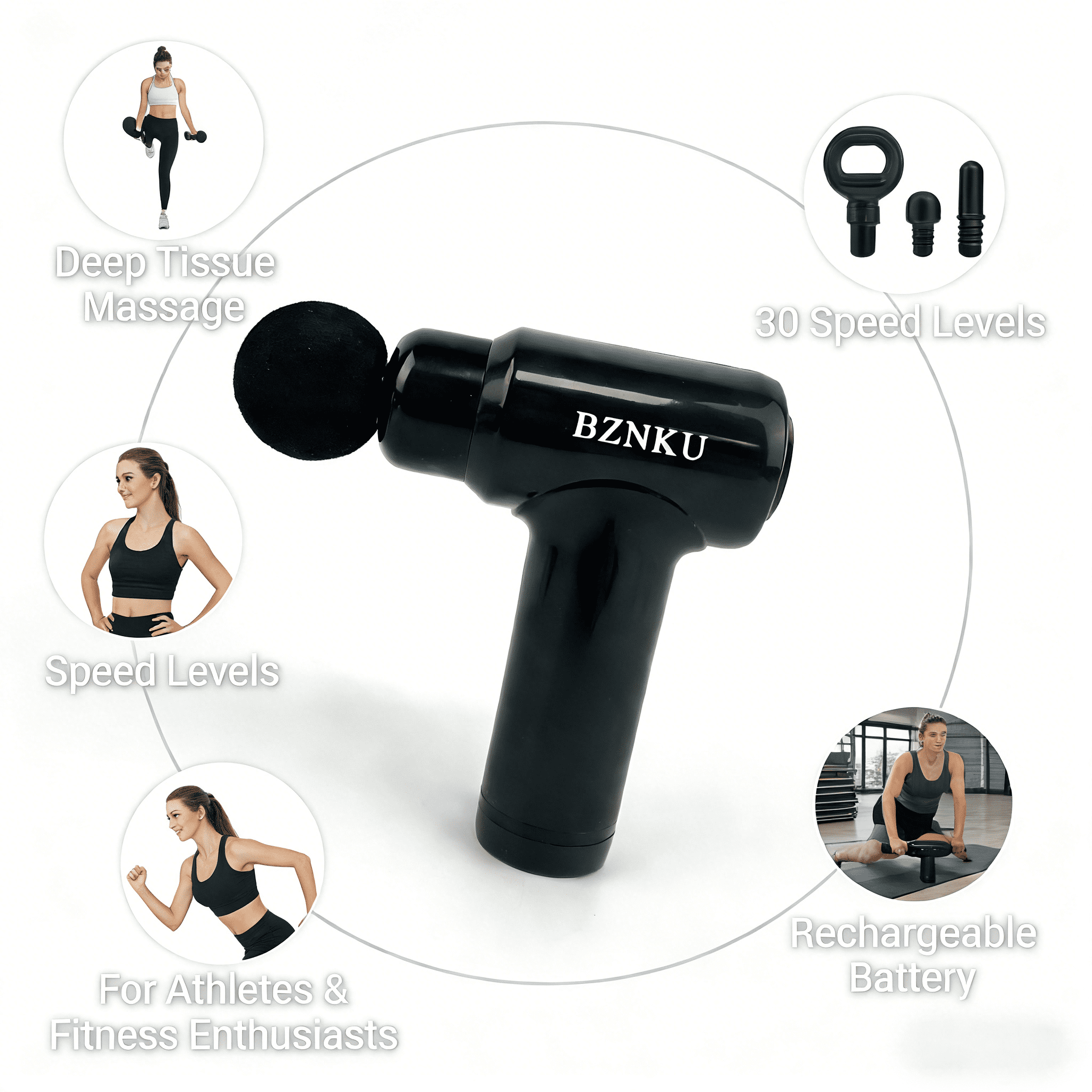 BZNKU Massage apparatus,Deep Tissue Massage Gun, 4 Attachments, Quiet Motor, Ergonomic Grip, 6-Speed Lightweight Percussion Massager, Full Body Muscle Recovery & Pain Relief