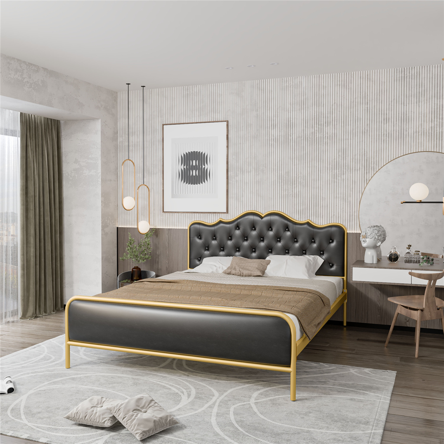 Full Size Elegant Metal Platform Bed Frame Vintage Style Upholstered Headboard Bed Frame