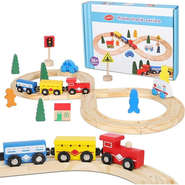 Wooden Train Set Toys Toddler, 33 Pieces Trains Wood Tracks