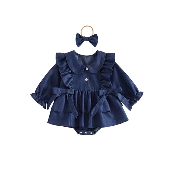 RUINIXCW Newborn Baby Girl Denim Romper Dress Cowgirl Outfit Infant Baby Girl Spring Fall Clothes Puff Long Sleeve Bow Decor Jeans Dress Headband Set