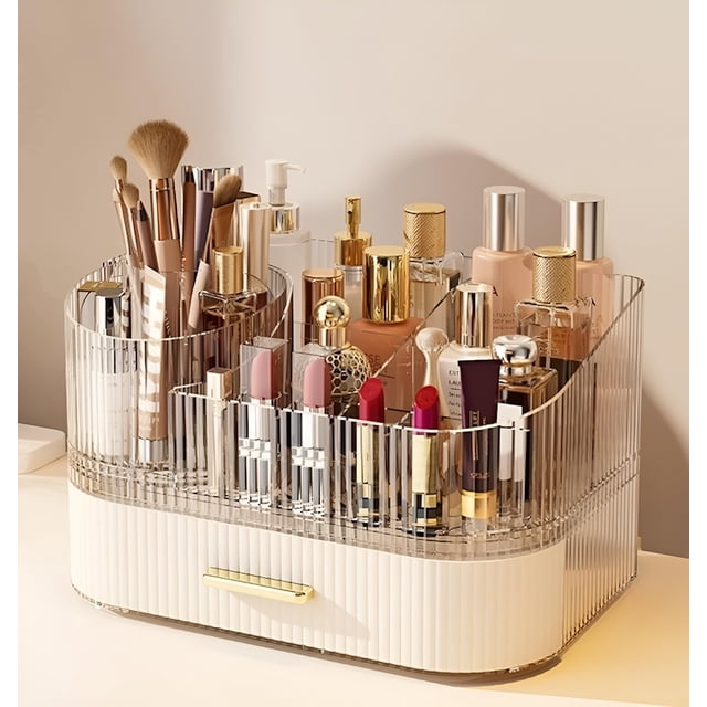 Organizador de maquillaje SpaceLuxe con cajones y cepillo giratorio de 360°