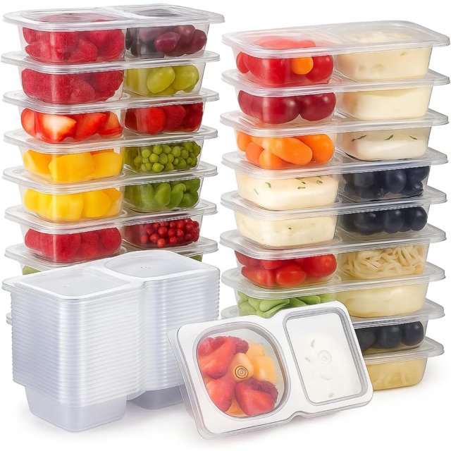 20 Pack Leakproof 2-Compartment Snack Containers with Lids – BPA-Free Meal Prep Sauce Cups for Kids & Adults – Stackable, Reusable Food Storage