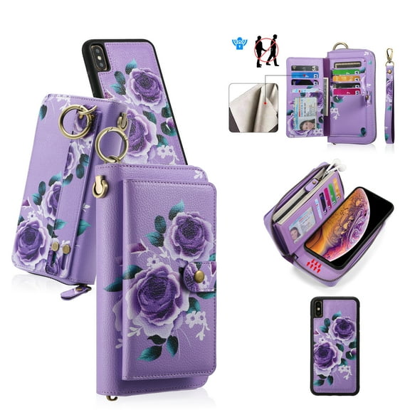 Multifunctional Wallet Case For iPhone XR with RFID Blocking Card Slots,Detachable Purse Soft PU Leather Magnetic Snap Hand Strap Zipper Pocket Cute Flower Phone Case with Carabiners,Purple