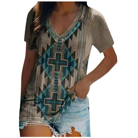 

Ziloco Short Sleeve V-Neck Blouses & Shirts Women Casual T-shirt Retro Folk-custom Printed V-Neck Short Sleeve Pullover Blouse Tops wo4873top Black Corset Top