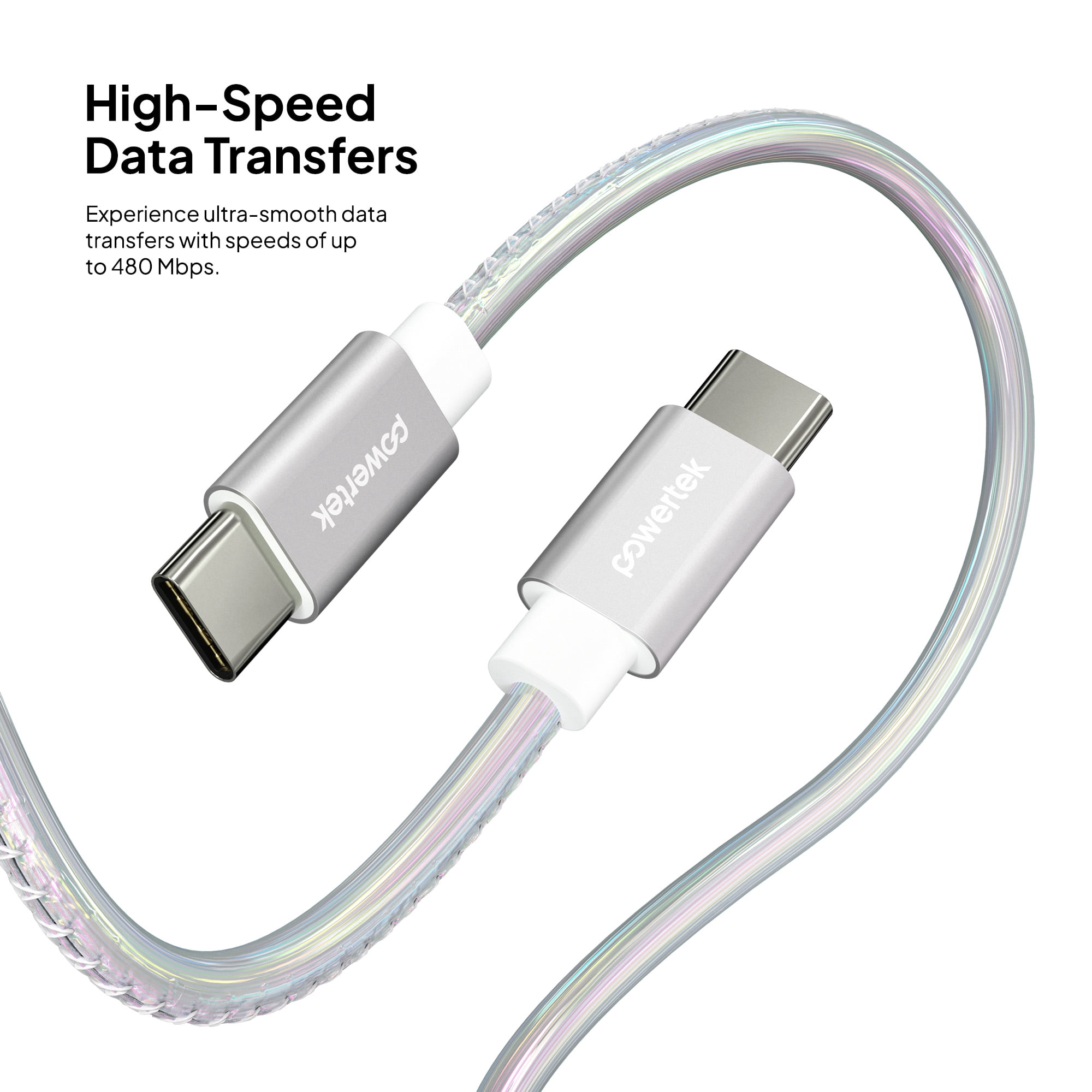 Powertek USB-C to USB-C (Type-C) Metallic Shine Pastel Fast Charging Cable, 60W, 6 ft, Silver