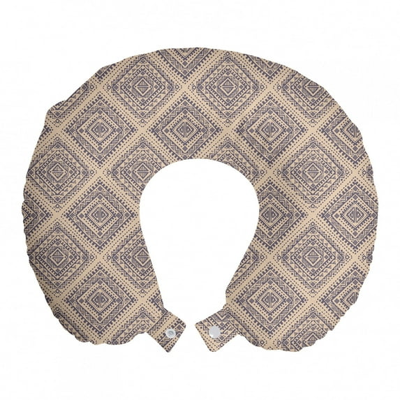 Ethnic Travel Pillow Neck Rest, Oriental Squares with Various Geometric Motifs Ornamental Details, Memory Foam Traveling Accessory Airplane and Car, 12", Pale Peach Dark Indigo, by Ambesonne