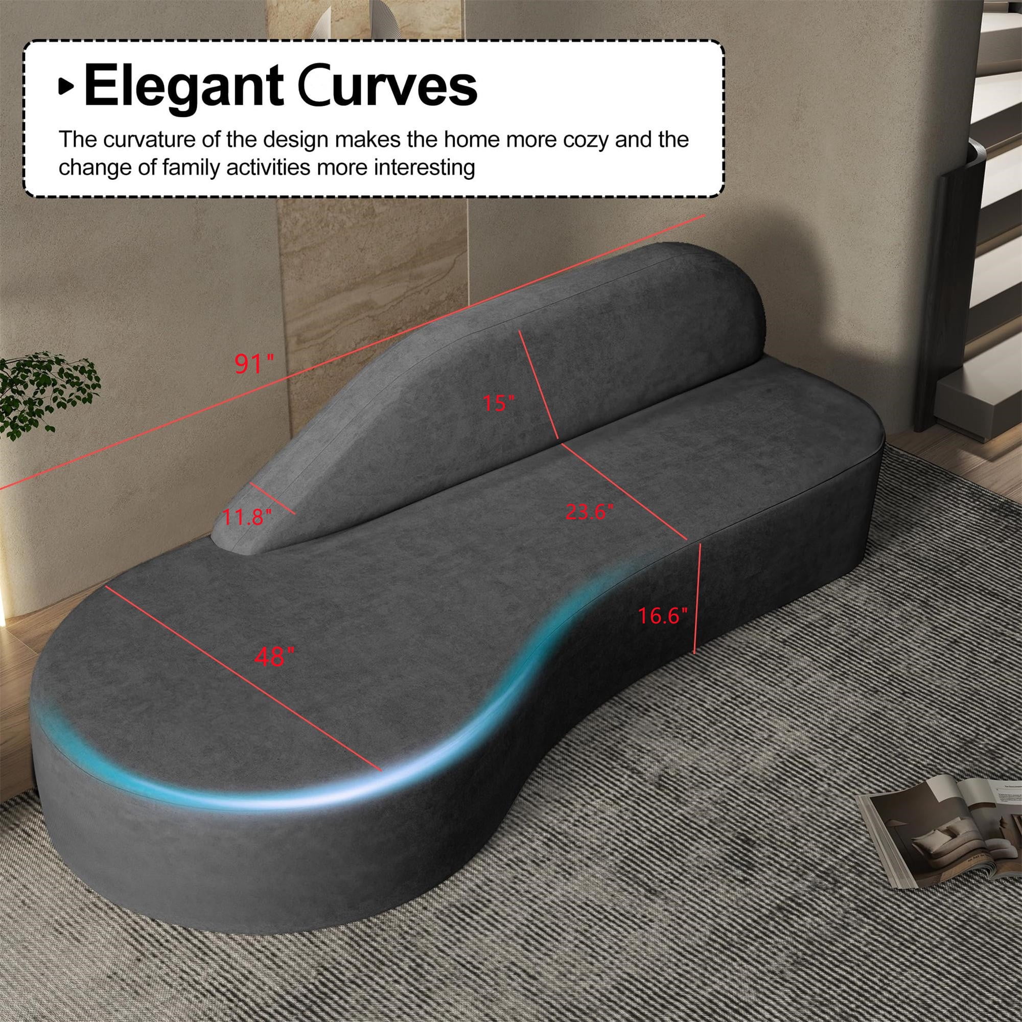 Aukfa Modern Curved Couch No Assembly Sofa for Living Room Bedroom Comfy Luxury Minimalist Sofa, Gray