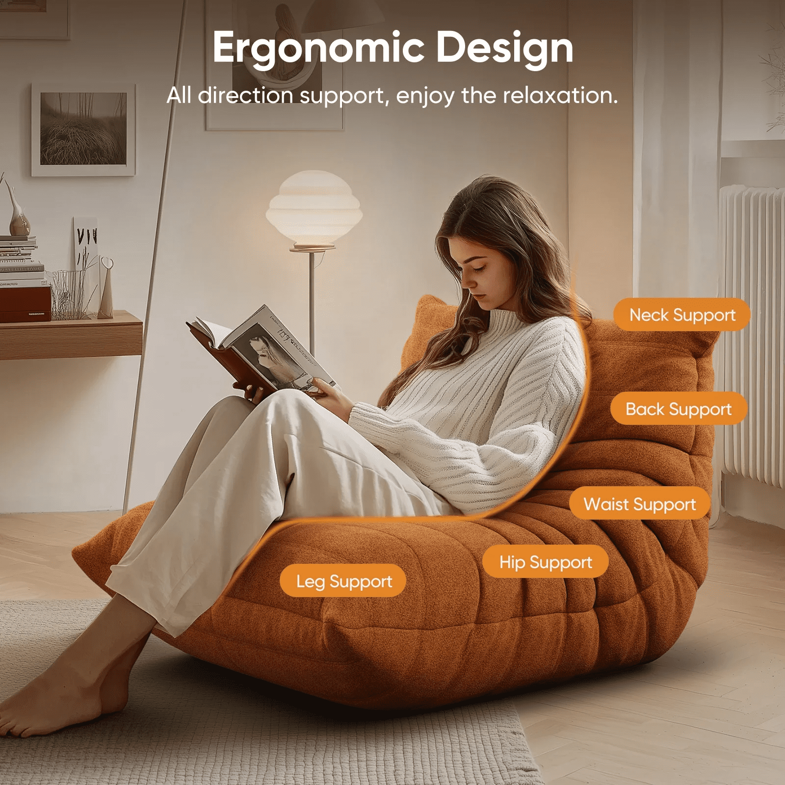 Raffle Pinker Bean Bag Chair for Adults, Comfy Fireside Chair Bean Bag Sofa with Memory Foam, Large Lazy Sofa for Living Room Bedroom Office, Orange
