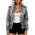 thumbnail image 7 of Fashion Women's Solid Color Splicing Thin Long Sleeve Front Zipper Ribbed Sequin Jacket Casual Outwear, 7 of 7