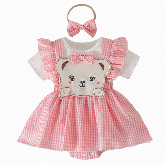 CAUYDY Infant Baby Girl Summer Clothes 6 9 12 18 24 Months Toddler Outfits Cute Print Short Sleeve Romper & Pretty Overall Dress & Bow Headband 3 Piece Set (Sizes 9-12 Months,F2-Pink)
