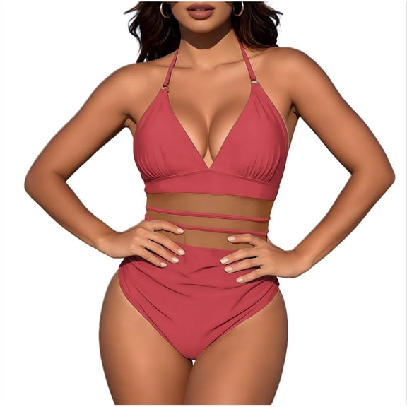 Xdegoge One Piece Swimsuit for Women, High Waisted with Cut Out Midriff, Deep V Neck, Halter Straps, Tummy Control, Modest Beachwear Summer Swimming Swim Suit with Padding