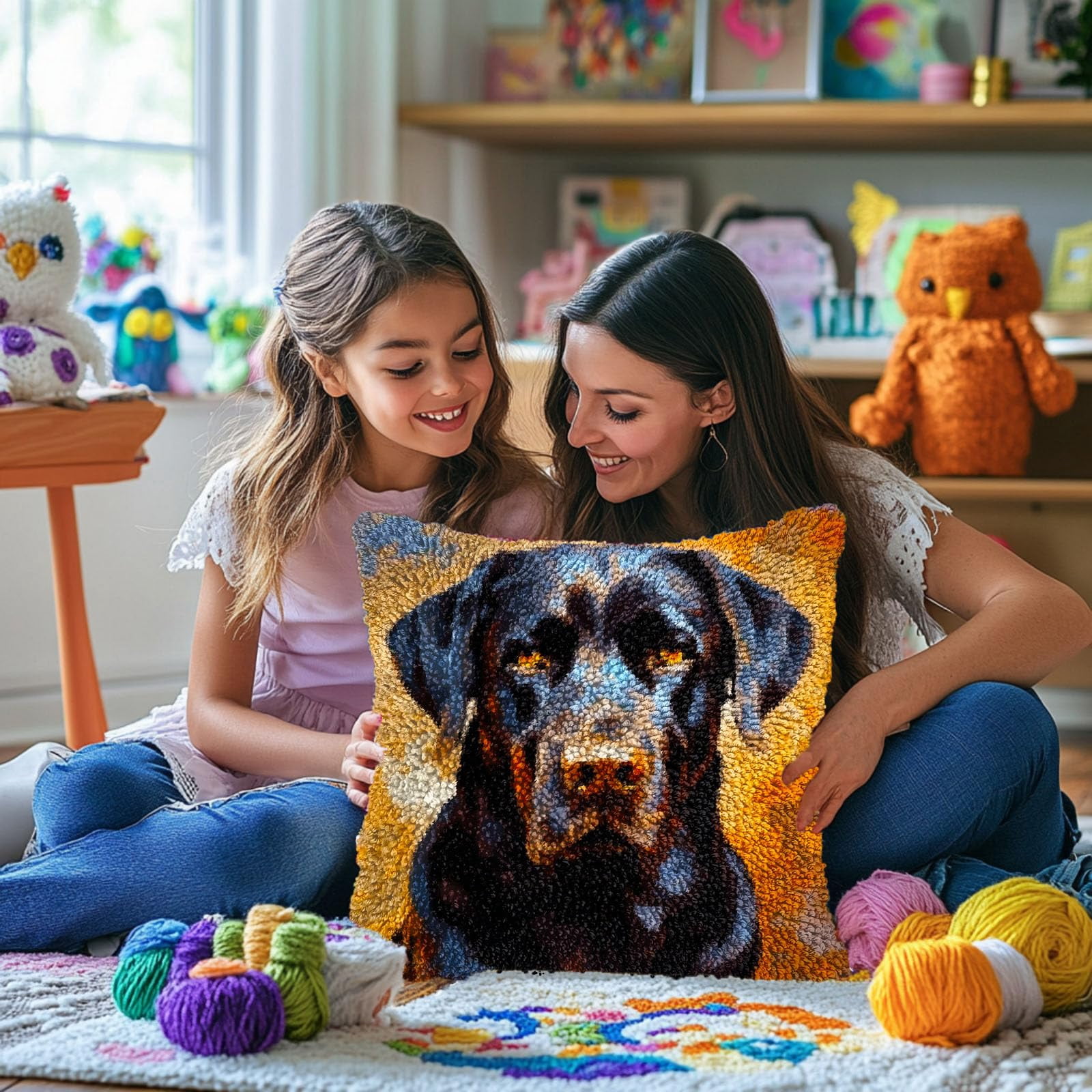 Black Labrador Retriever DIY Latch Hook Pillow Kits for Adults Printed Pillowcase Crochet Yarns Hooking Handmade Pillow Cover Cushion for Home Sofa Decoration 17x17inch
