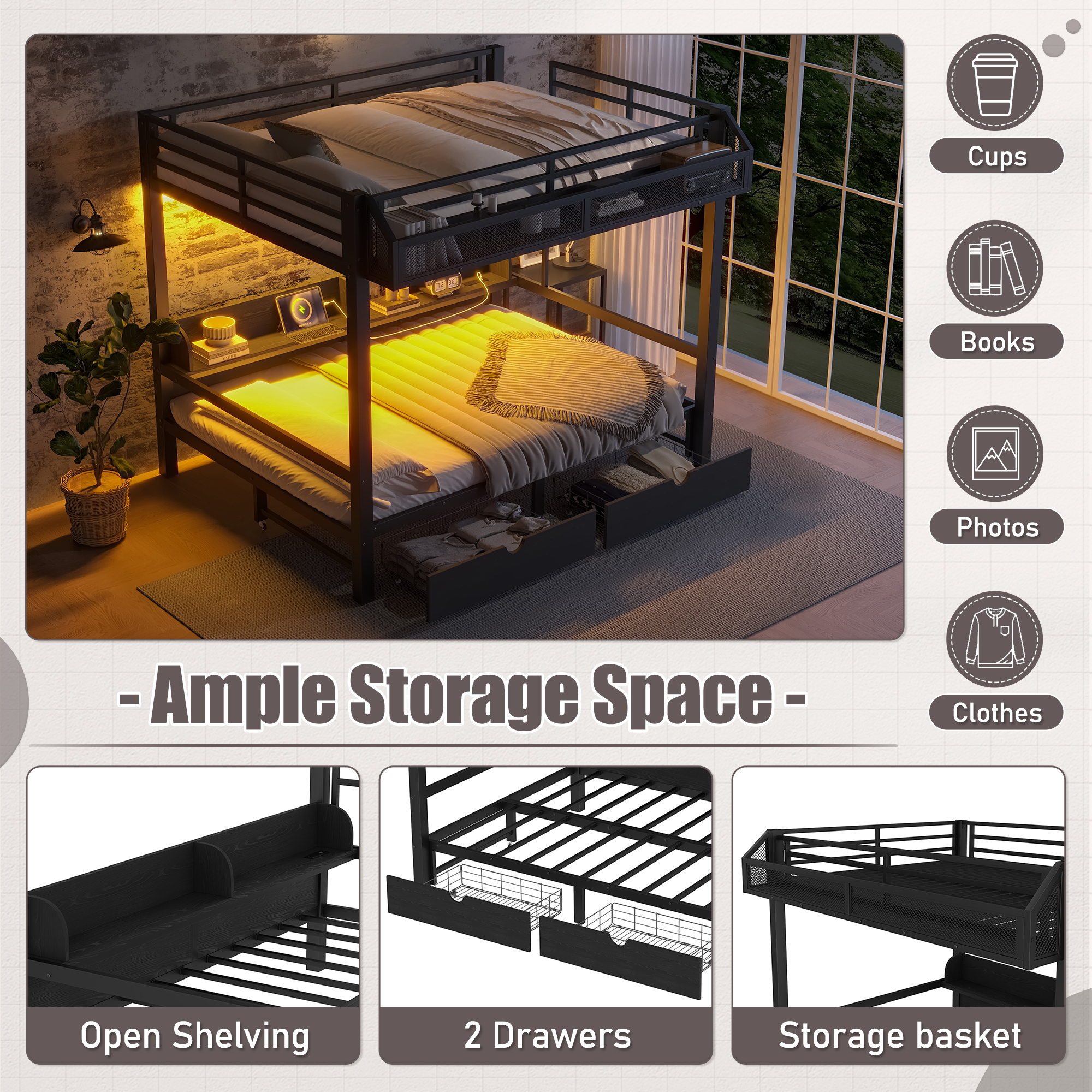 Mintazer Queen Over Queen Metal Bunk Bed with &nbsp;LED Light Strip & USB Ports, Multifunctional Metal Bunk Beds with 3 Shelves & 2 Drawers and Convertible Lower Bed for Bedroom Dorm, Black