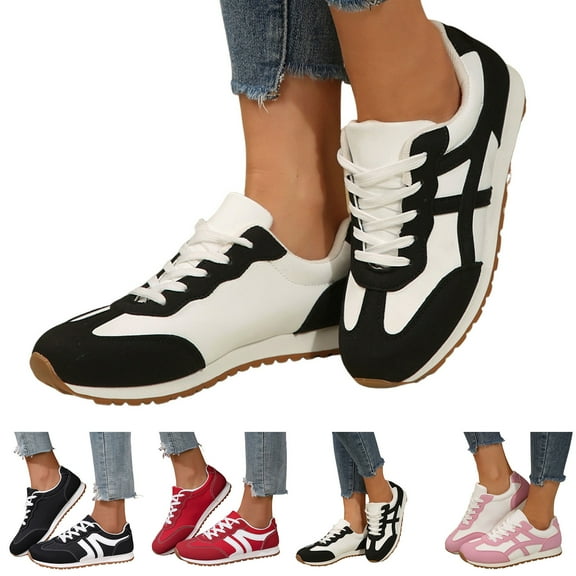 Dakaela Sneakers for Women Leather Suede Patchwork Non Slip Casual Walking Shoes Gym Tennis Running Wide Toe Box Shoes Black 6.5