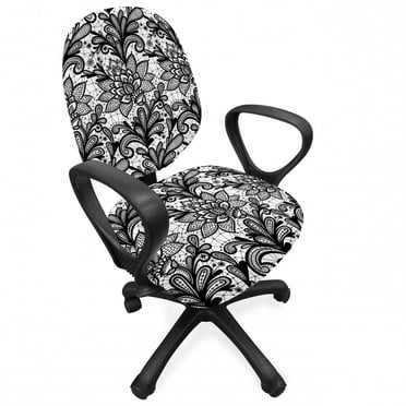 Black and White Office Chair Slipcover, Vintage Victorian Lace Style Plants Leaves Ornamental Blossom Pattern, Protective Stretch Decorative Fabric Cover, Standard Size, Black White, by Ambesonne