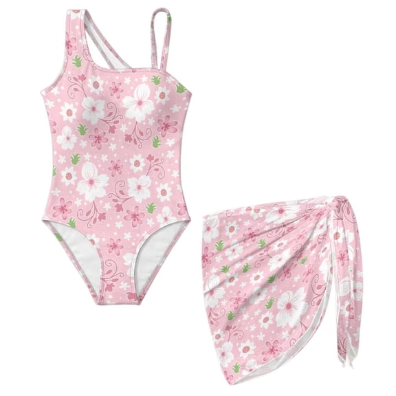 SEANATIVE Girls One-Piece Swimsuits with Mesh Cover-up Skirt One-Piece Bathing Suits Back Cutout Stylish Stretch Swimwear for Kids Teenagers, Size 7-8, Pink Flower Print