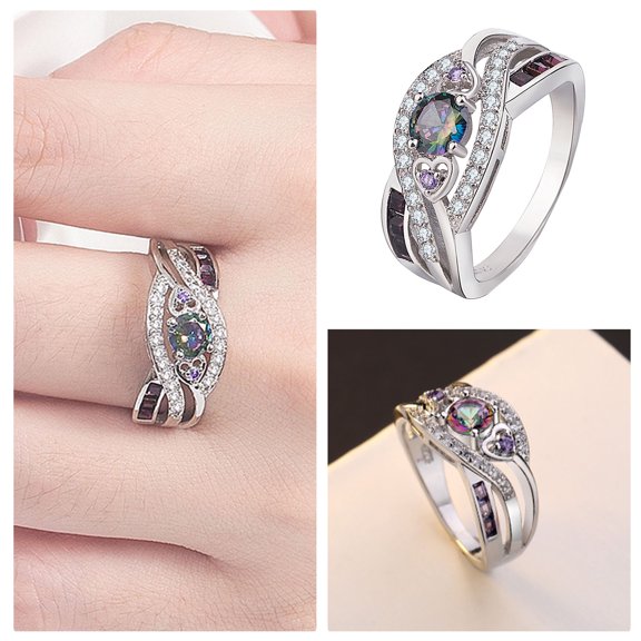 YYKihy Heart Shaped Amethyst Ring Rainbow Colored 3a Zircon Plated Platinum Silver Ring
